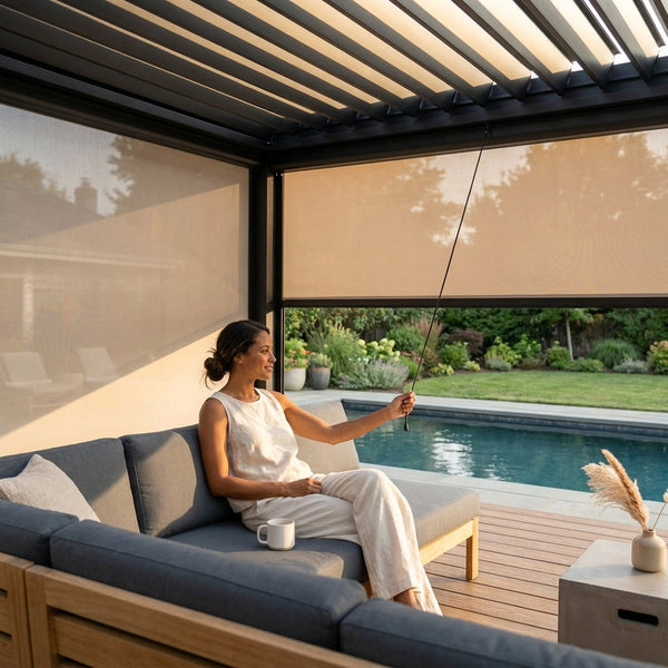 Screen Pergola Designed for Weather Control, Louvered Roof, Zip-Track Screen, Aluminum Frame