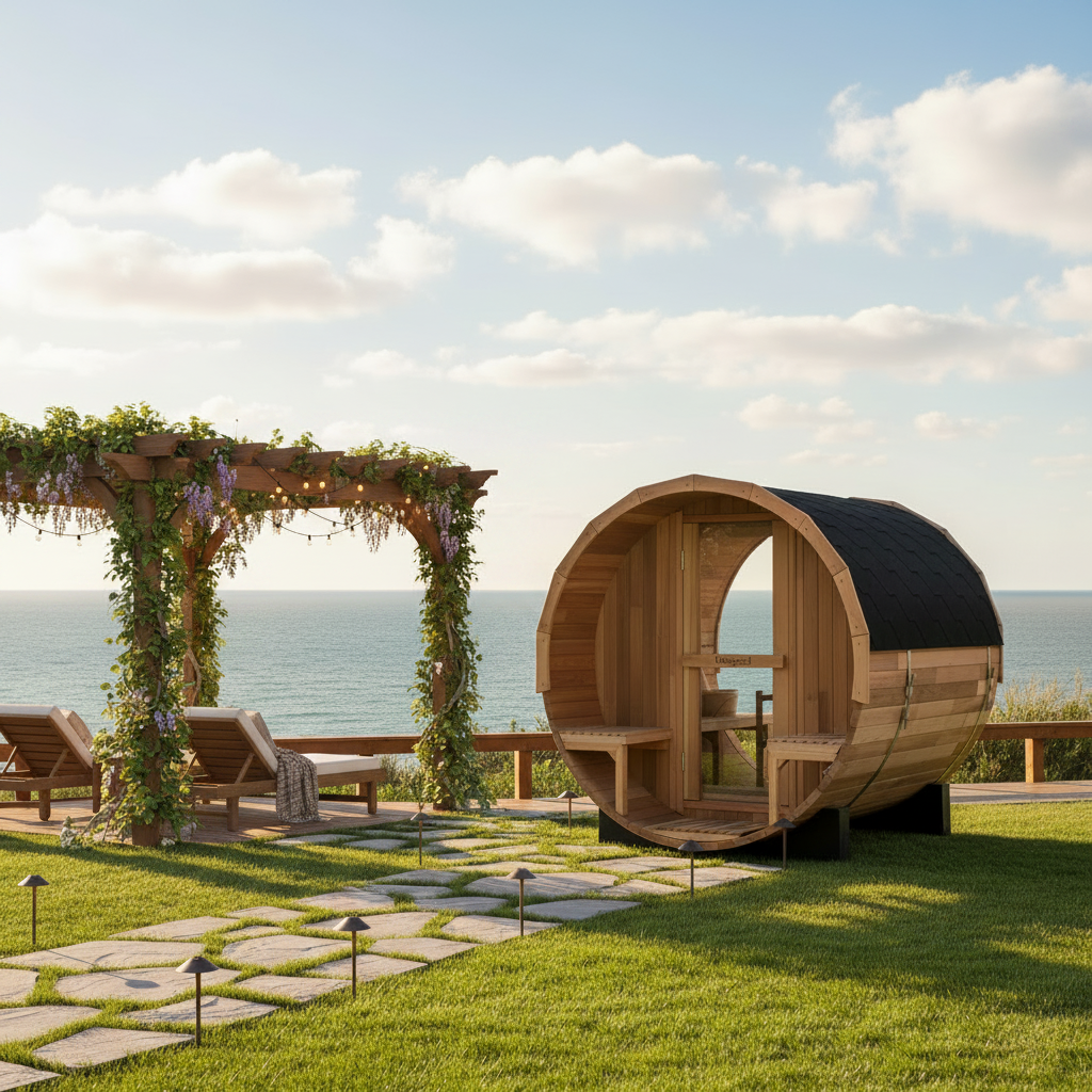 Blisspod, Prague, Canadian Red Cedar Outdoor Steam Barell Sauna, 2-4 / 4-6 persons with Full Glass Back & 2 front Porch seats
