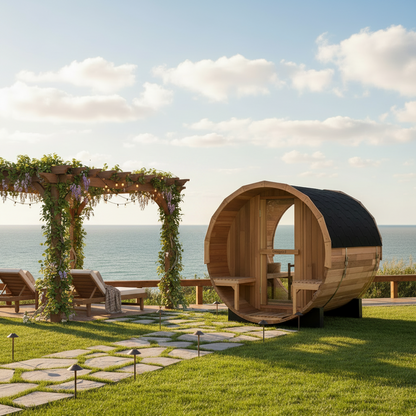 Blisspod, Prague, Canadian Red Cedar Outdoor Steam Barell Sauna, 2-4 / 4-6 persons with Full Glass Back & 2 front Porch seats