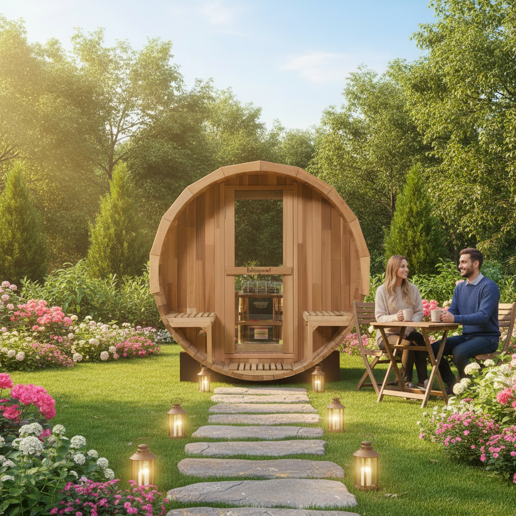 Blisspod, Prague, Canadian Red Cedar Outdoor Steam Barell Sauna, 2-4 / 4-6 persons with Full Glass Back & 2 front Porch seats