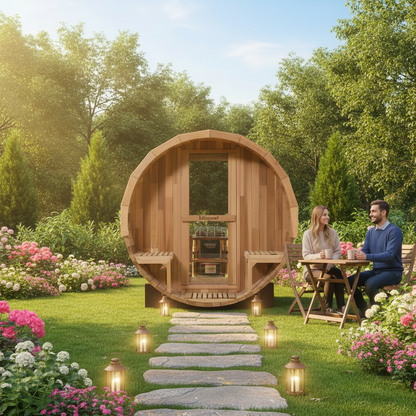 Blisspod, Prague, Canadian Red Cedar Outdoor Steam Barell Sauna, 2-4 / 4-6 persons with Full Glass Back & 2 front Porch seats